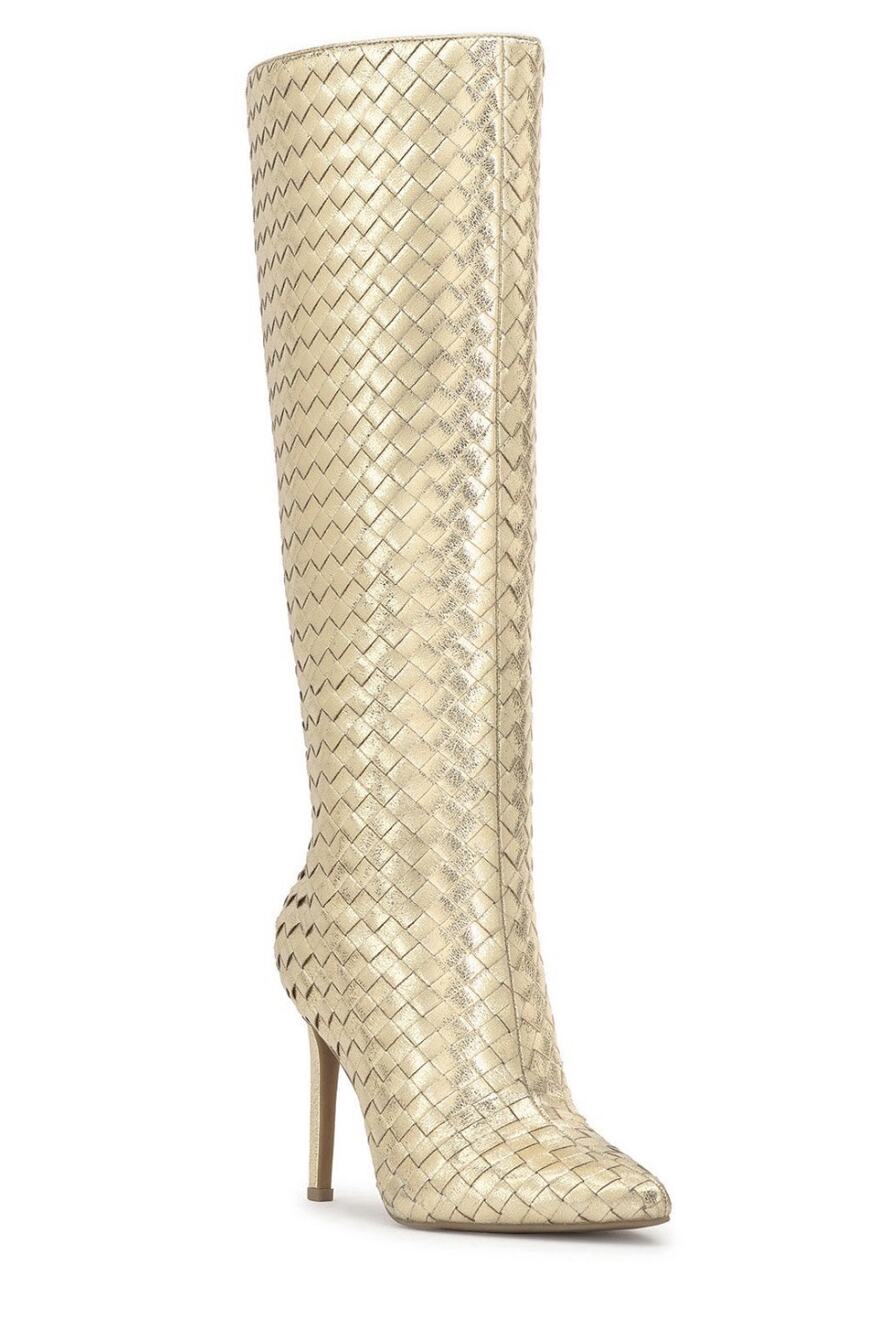 INC Women's Savonia Woven Knee High Side Zipper Boots Gold Size 7M Textured NWOB